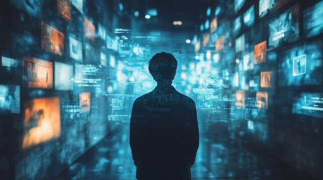 Online Privacy person surrounded by their digital footprint in the form of social media posts, emails, and browsing history, emphasizing the need for privacy protection, Generative AI