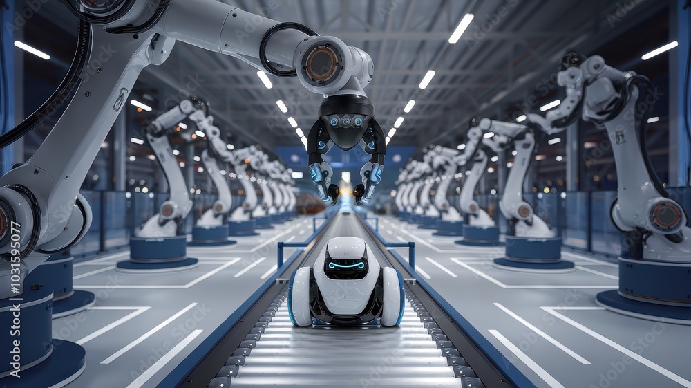 Poster futuristic robotic warehouse automation technology with rows of metallic machinery and chrome like r