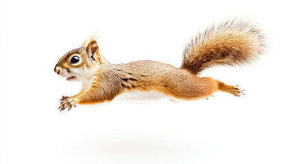 Adorable squirrel floating gently in the sky with a whimsical expression on a clean white background, showcasing nature's charm and creativity in digital art