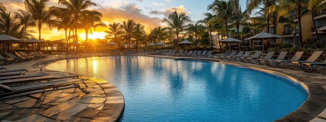 An empty swimming pool at a tropical resort during sunset with lounge chairs and palm trees.