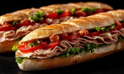 Submarine sandwiches Long subway sandwiches on a dark background, Generative AI