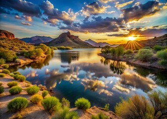 Obraz premium Serene Desert Mountain Lake Landscape for Environmental Awareness