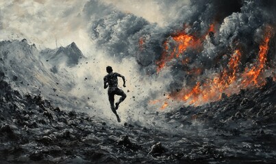 Obraz premium A lone figure runs away from fiery destruction.