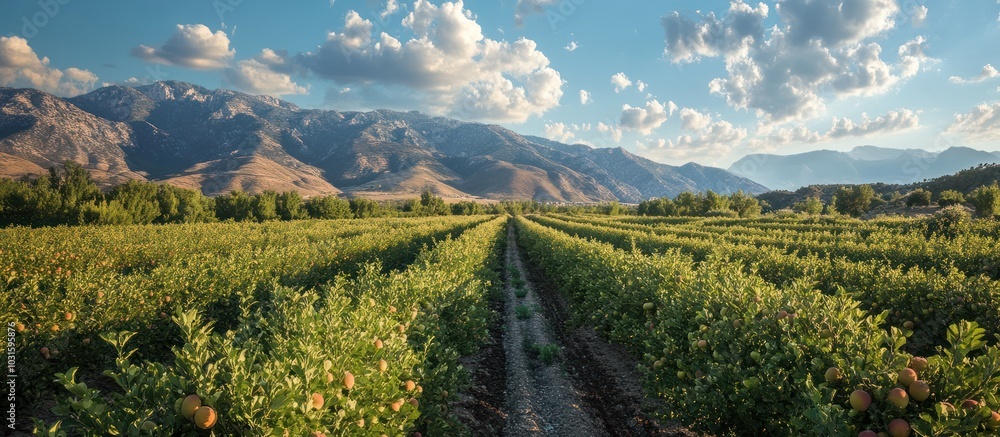 Aufkleber scenic view of an apple orchard with rows of trees leading to a mountain range in the background.
