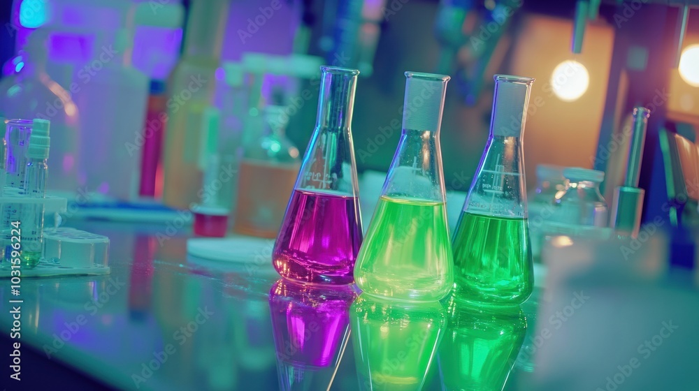 Poster Three Glass Flasks with Colored Liquids on a Lab Table