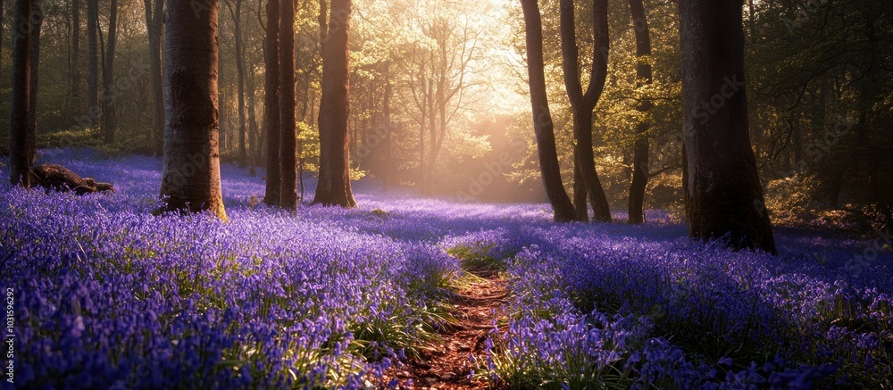 Poster sunbeams filtering through the trees illuminate a pathway through a field of bluebells.