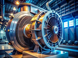 High-Quality Portrait of an Electrical Air Compressor Motor with Fan, Industrial Equipment, Mechanical Parts, Engine, Technology, Air Circulation, Power Tools, Engineering, Manufacturing, HVAC Systems