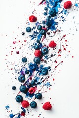 Blueberries and raspberries scattered artistically on white background
