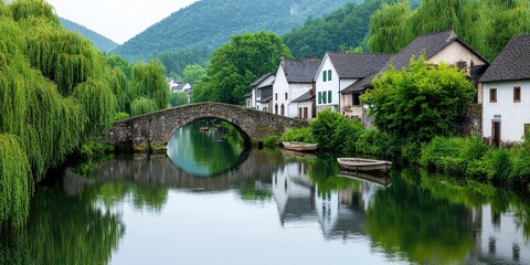 Fototapeta premium Tranquil Village Scene with Stone Bridge River Boats and Willow Trees
