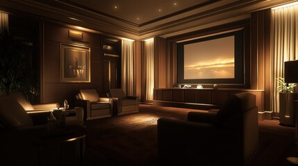 Luxurious Home Theater with Sunset Projection and Comfortable Seating