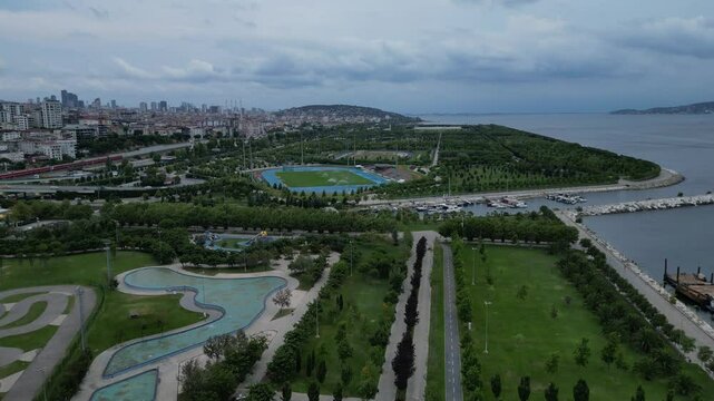 Istanbul, Turkey - Aerial view of park in Maltepe district on the Marmara Sea coast of the Asian side.