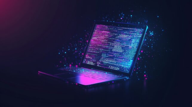 Abstract programming code icon on a laptop screen in light blue low poly futuristic style on technology background. Program and software development. Digital web code. Polygonal.