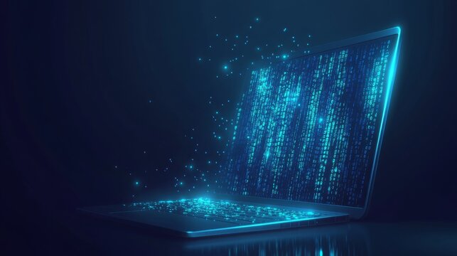 Abstract programming code icon on a laptop screen in light blue low poly futuristic style on technology background. Program and software development. Digital web code. Polygonal.