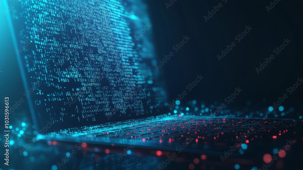 Fototapete Abstract programming code icon on a laptop screen in light blue low poly futuristic style on technology background. Program and software development. Digital web code. Polygonal.