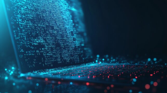 Abstract programming code icon on a laptop screen in light blue low poly futuristic style on technology background. Program and software development. Digital web code. Polygonal.