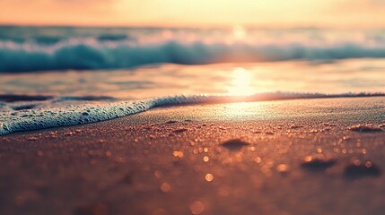 Sunset Over Calm Waves on Sandy Beach