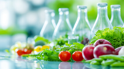 A collection of vibrant vegetables and fragrant herbs is neatly arranged alongside clear glass bottles, all illuminated by bright natural light in a cheerful kitchen atmosphere