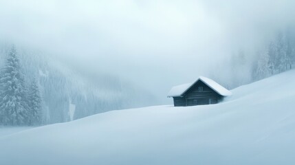Snowy Cabin in Foggy Winter Landscape