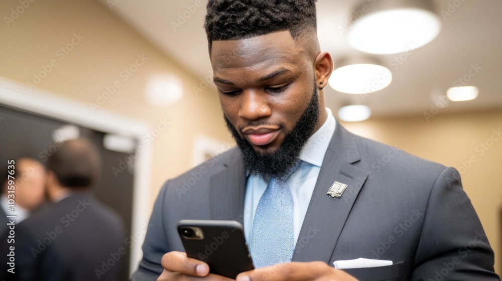 Poster man in suit looking at phone in office setting