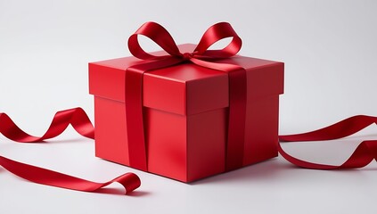 A minimalistic red gift box tied with a matching ribbon, on a white background. Ideal for Christmas, birthdays, or other celebratory themes requiring elegant design elements.