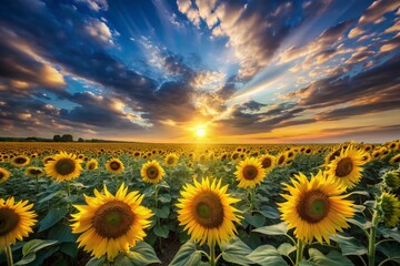 Fototapeta premium Serene Long Exposure of a Sunflower Field at Dusk with Dreamy Skies