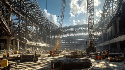 Construction workers work on a large stadium under a sunny sky.