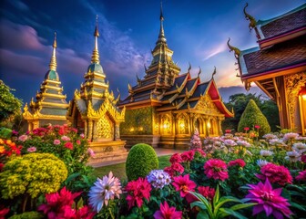 Naklejka premium Serene Macro Photography of Wat Pa Daed in Chiang Mai, Thailand's Lush Temple Gardens