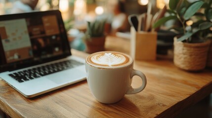 Fototapeta premium Close-up of hot coffee latte with latte art milk foam in a mug and laptop computer on a wood desk in a coffee shop. Business work concept. --