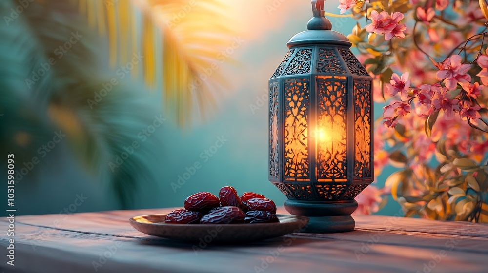 Poster elegant ramadan scene featuring a vibrant oriental colored lantern glowing softly with a plate of da