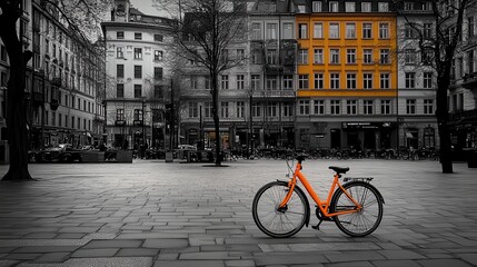 Fototapeta premium A Vibrant Orange Bicycle Stands Out in a Black-and-White Urban Scene Highlighting City Architecture and Design
