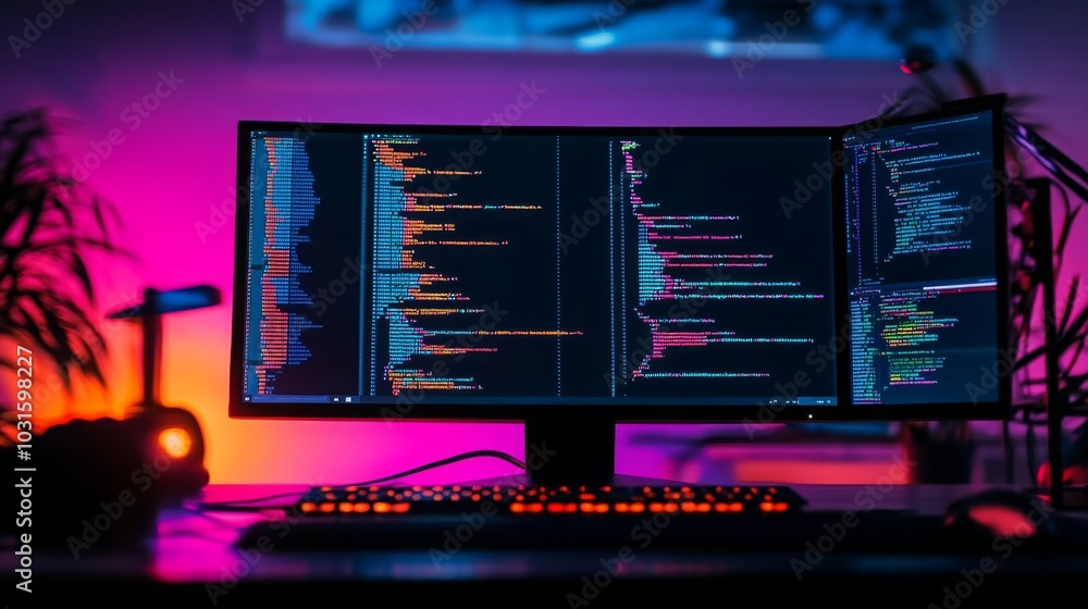 Poster coding with example code on a PC screen -