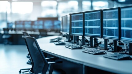 Modern office workspace featuring multiple computer screens and ergonomic chairs in a sleek, technology-driven environment.