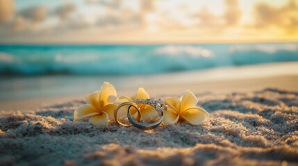 Romantic beach wedding rings with flowers on sandy shore, ocean backdrop, beautiful sunset setting, perfect engagement or anniversary, love and commitment in tropical paradise
