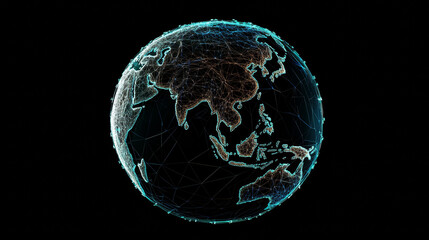A futuristic, 3D model of Earth with a simplified design. It shows the world connected through communication technology, highlighting Asia, China, Japan, and Indonesia.low poly wireframe.