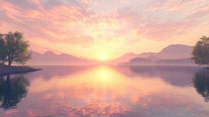 Fototapeta premium Sunset over calm lake with mountains and trees.