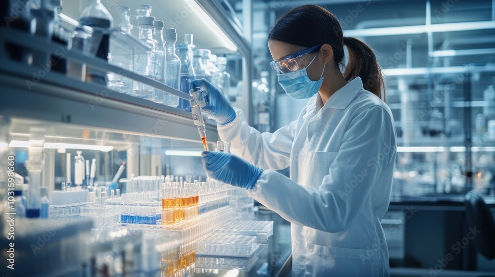 Poster female scientist in a lab using a pipette to transfer liquid into test tubes