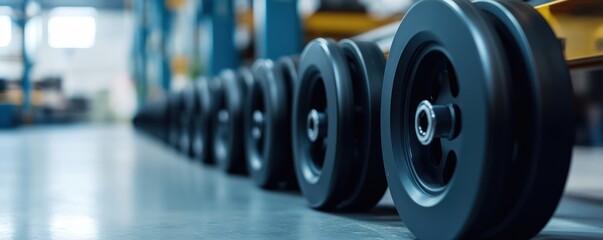 Fototapeta premium Close-up Image of Industrial Black Wheels Aligned on Shiny Factory Floor