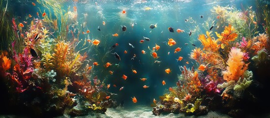 A vibrant underwater scene with colorful coral reefs and a school of fish swimming through clear blue water.