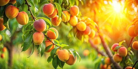 Fresh Peaches in Tilt-Shift Photography: A Close-Up View of Juicy Fruits, Lush Green Leaves, and Sunlit Orchard Backgrounds for Nature Enthusiasts and Food Lovers