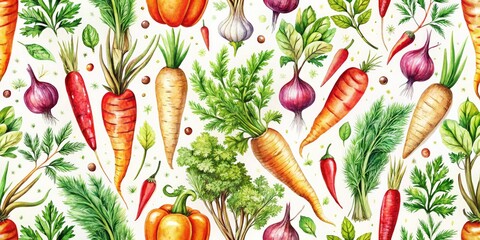 Fresh Organic Vegetables Watercolor Seamless Pattern Featuring Carrots - Perfect for Eco-Friendly Designs and Food Illustrations