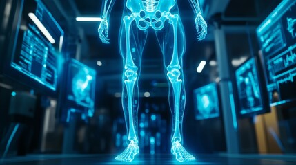Fototapeta premium Futuristic skeleton hologram, knee joint scan with vivid blue energy pulses, surrounded by floating medical diagnostics, high-tech medical room, Sci-fi, Glowing holograms