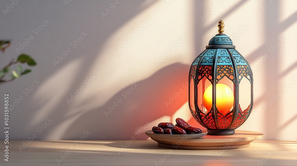 Poster elegant ramadan scene featuring a vibrant oriental colored lantern glowing softly with a plate of da