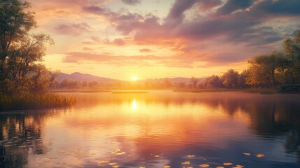 Fototapeta premium Golden sunset over a tranquil lake.