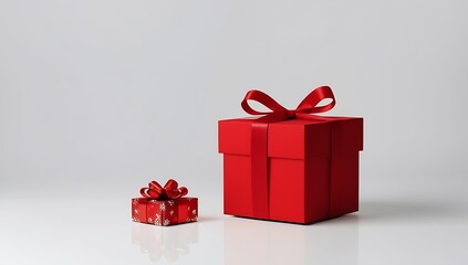 Obraz premium A red gift box tied with a matching red ribbon bow, resting on a clean white background. Ideal for Christmas, birthdays, and other celebratory events requiring elegance and simplicity.