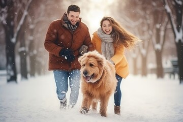 Young happy smiling couple having fun in winter park with their dog outdoors.