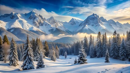 Fototapeta premium Serene winter mountain landscape featuring snow-covered fir trees, majestic mountains, and a clear sky with clouds. 