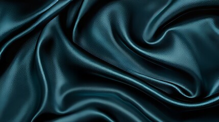 Fototapeta premium Dark teal green silk satin. Shiny smooth fabric, soft folds. Luxury background with space for design. Flat lay, top view. Birthday, Christmas, Valentineâ€™s, New Yearâ€™s theme. 