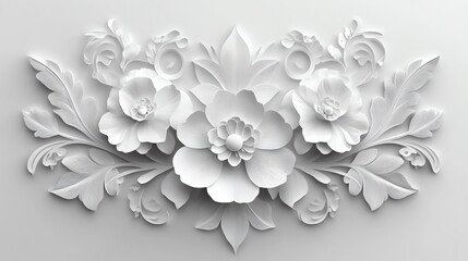 A detailed and elegant white floral relief featuring intricate flowers and leaves, showcasing the beauty of botanical design in a minimalist style.