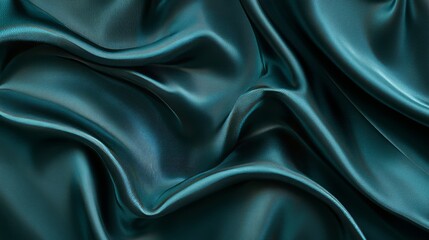 Fototapeta premium Dark teal green silk satin. Shiny smooth fabric, soft folds. Luxury background with space for design. Flat lay, top view. Birthday, Christmas, Valentineâ€™s, New Yearâ€™s theme. 