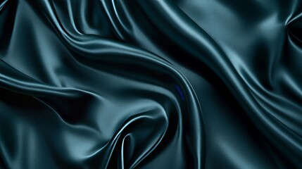 Fototapeta premium Dark teal green silk satin. Shiny smooth fabric, soft folds. Luxury background with space for design. Flat lay, top view. Birthday, Christmas, Valentineâ€™s, New Yearâ€™s theme. 